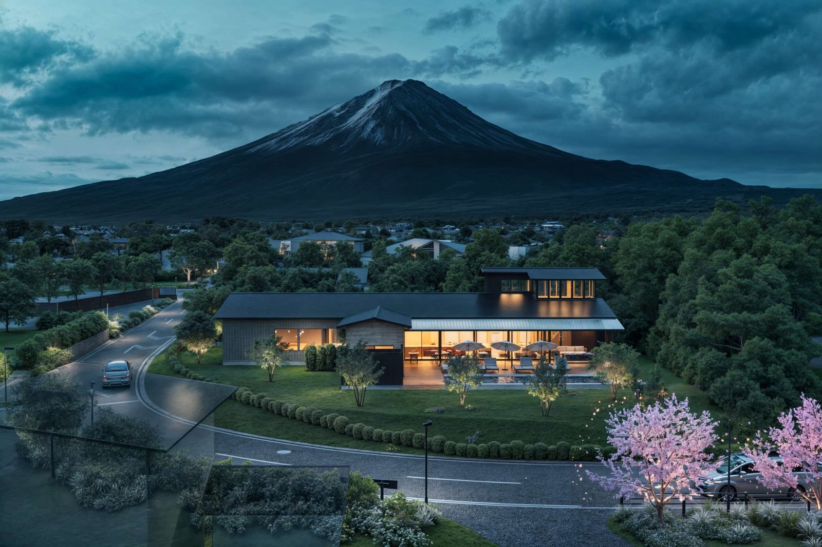 リゾートホテル 外観パース — 夜景・ライトアップ建築ビジュアライゼーション | Basic9 Studio