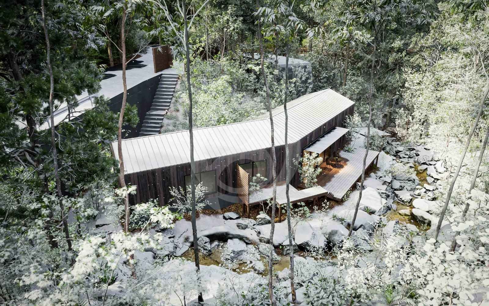 冬の情景を描いた3Dヴィラ外観パース。 冬の雰囲気を表現した3Dヴィラ外観パース制作。