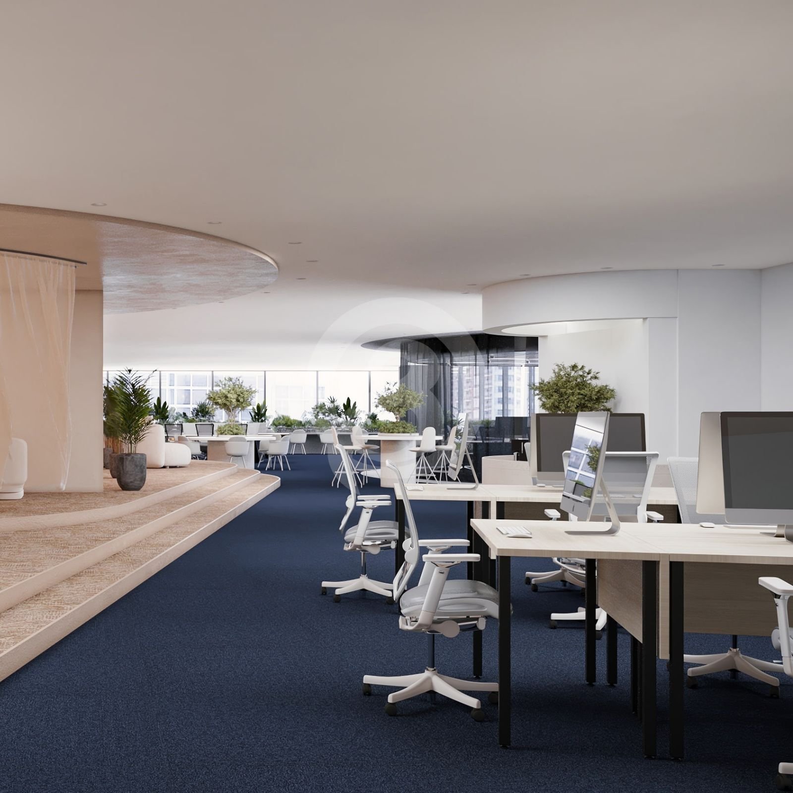 デスクや会議室を示す3Dインテリアパースのオフィス空間。