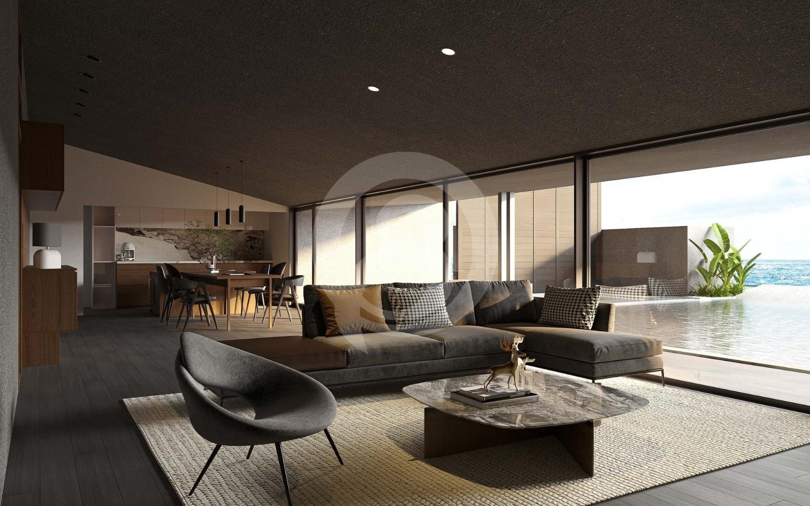 海景と自然光を最大限に活かし、開放感あふれるリビングを描いた3Dパースです 海景と自然光を活かした開放的リビングの3Dヴィラパース制作。