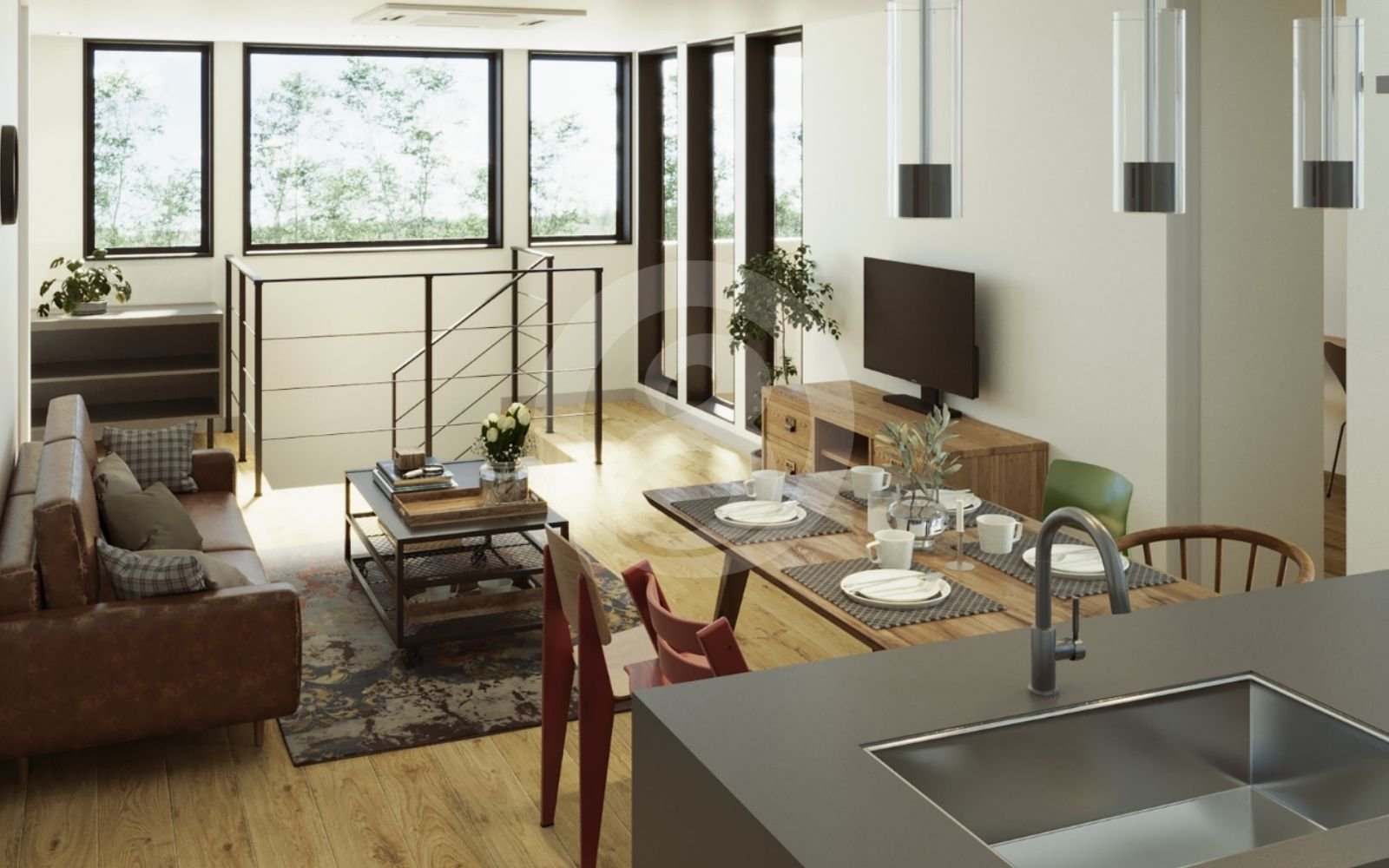 高層ビル/アパート複合施設の 3D 内部レンダリング。