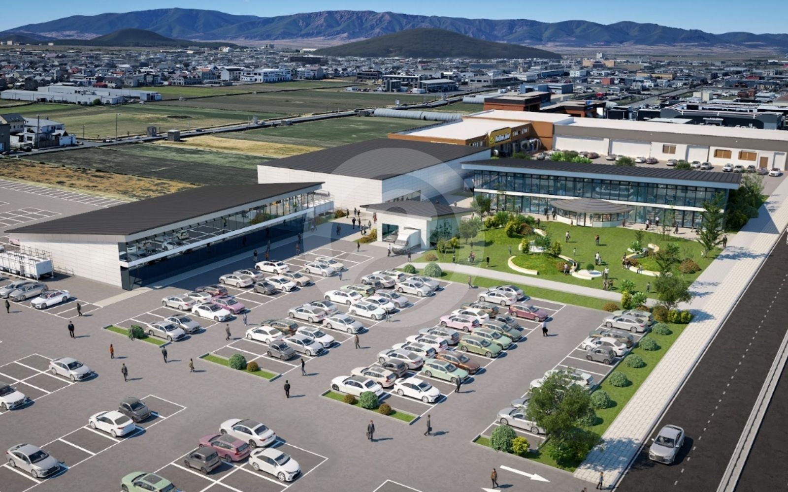 商業施設全体のスケールを表現する外観パース制作。