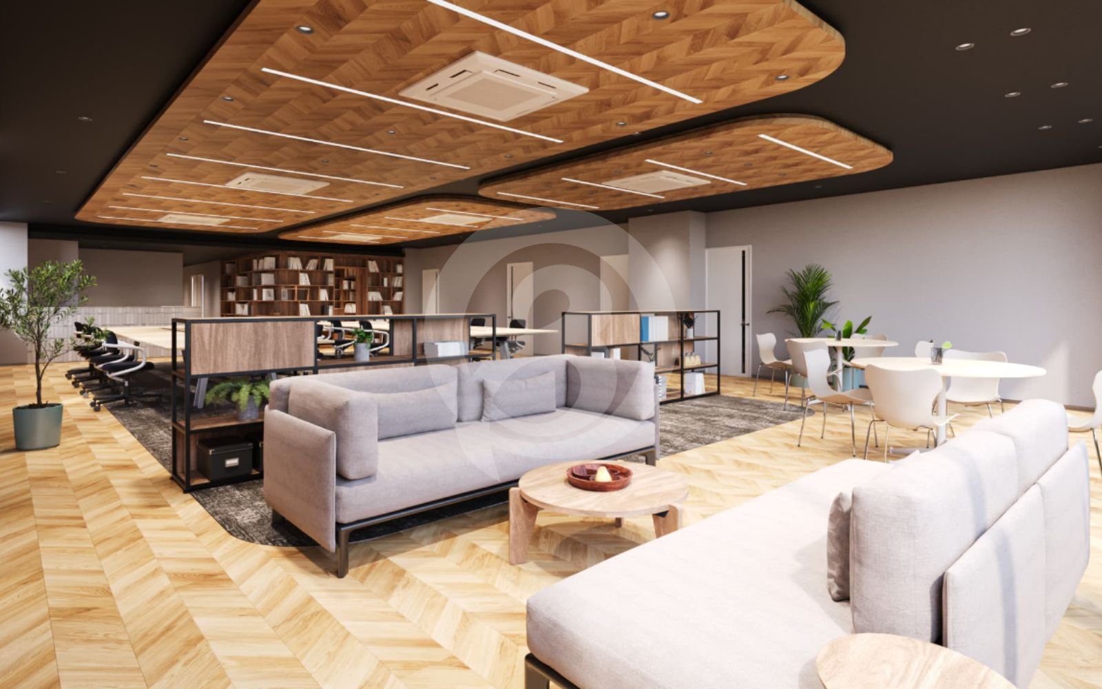 待合エリアの3Dオフィスレンダリング 来訪者に配慮した快適な待合エリアの3Dオフィスレンダリング。