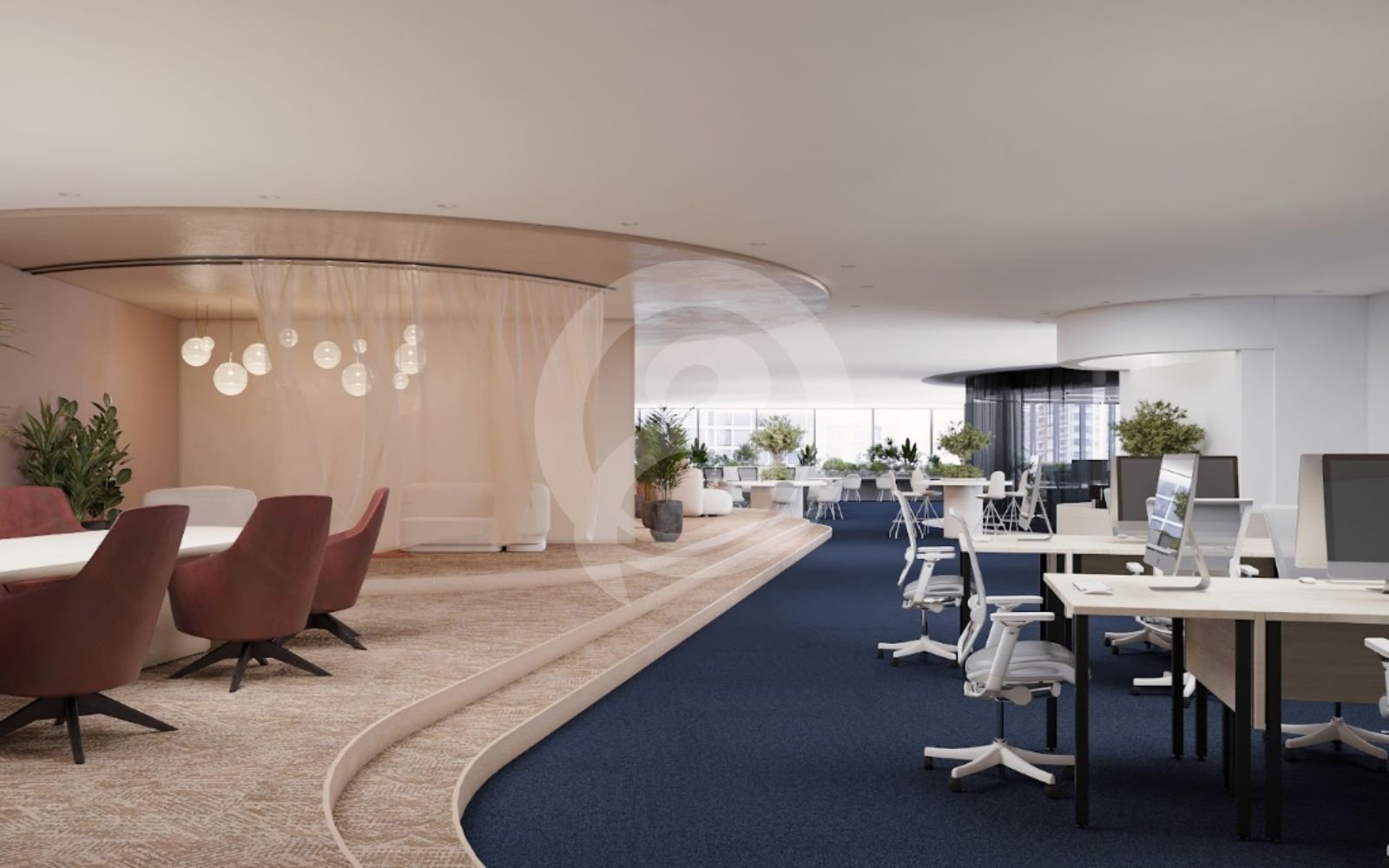 オープンワークスペースの3Dオフィス内装レンダリング コミュニケーションを促進するオープンワークスペースの3Dオフィス内装レンダリング。