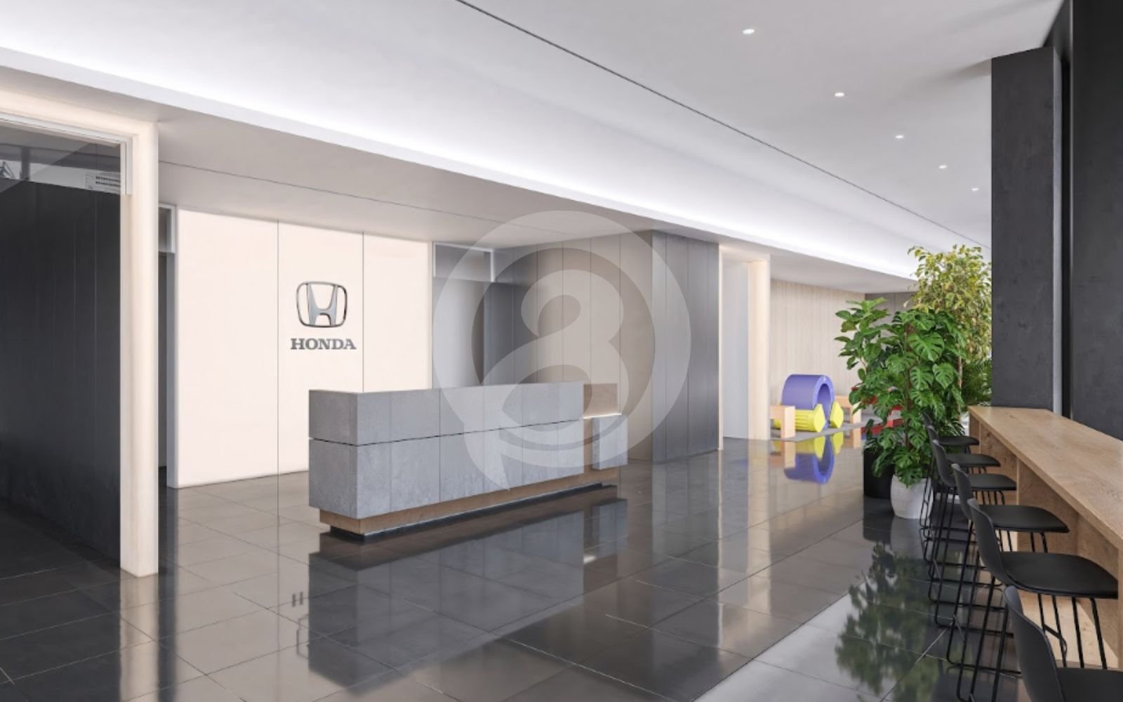 3D受付エリアオフィスレンダリング 企業イメージを伝える3D受付エリアオフィスレンダリング。