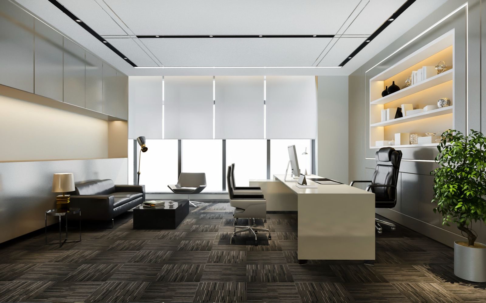 役員・管理職室の3Dオフィスレンダリング 品格とプライバシーを重視した役員・管理職室の3Dオフィスレンダリング。