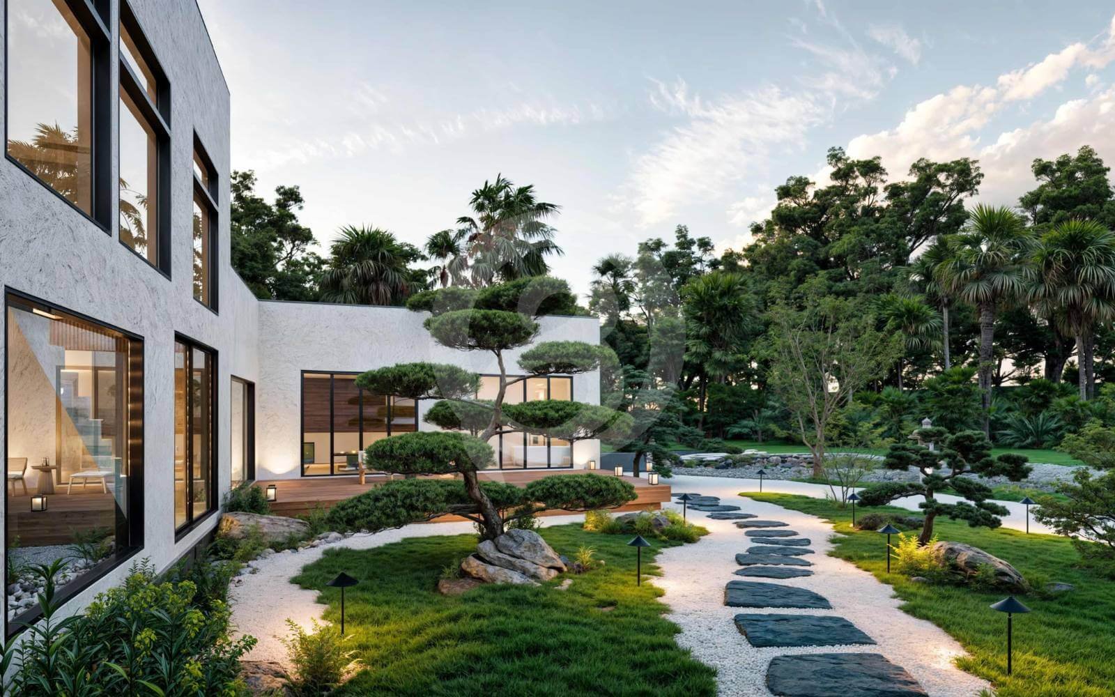 高級リゾートの歩道の透視図。 高級リゾートの歩道の透視図。