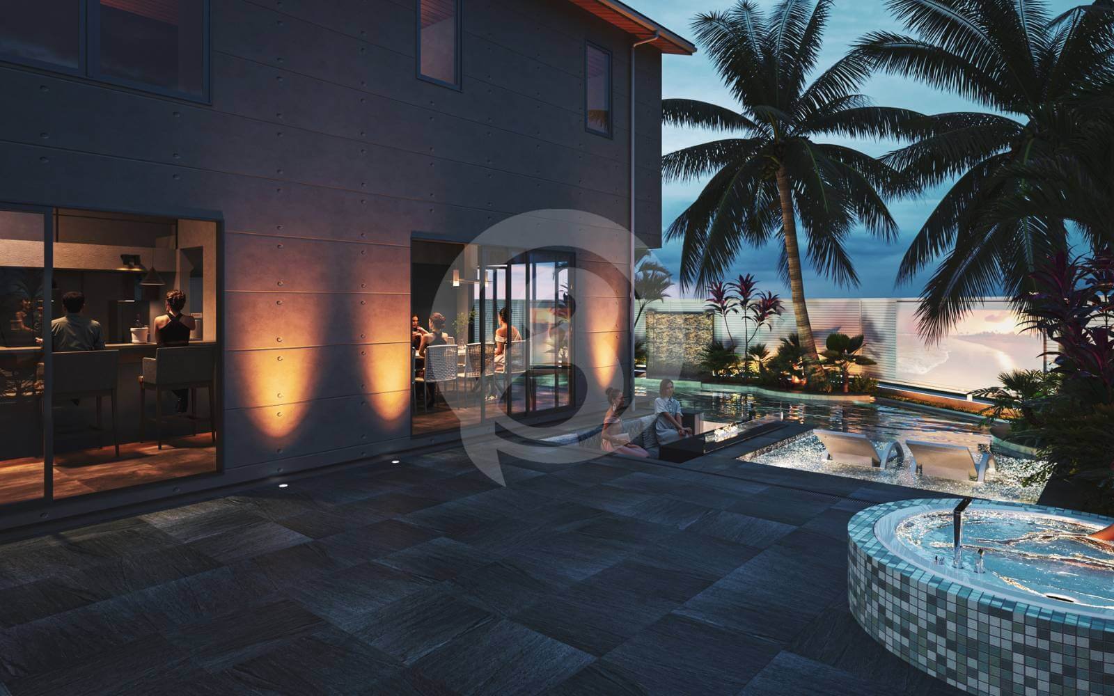 プロ仕様のプールを備えたリゾートのCGパース図。 プロ仕様のプールを備えたリゾートのCGパース図。