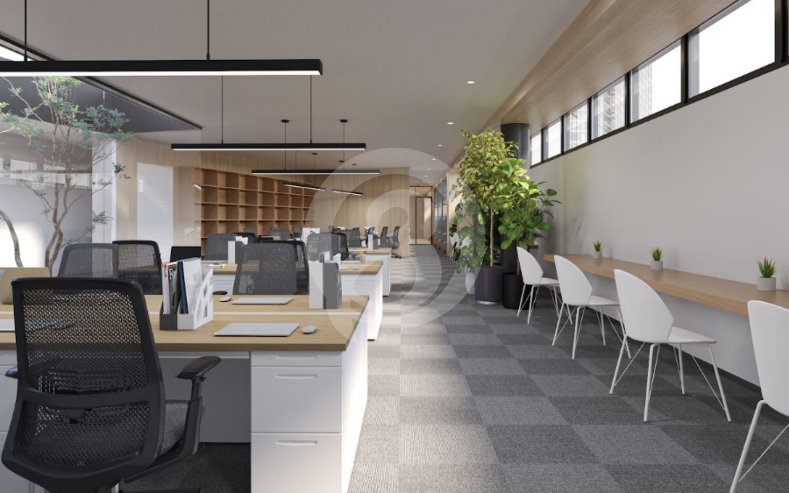 モダンスタイルの3Dオフィス内装レンダリング デザイン性と実用性を両立したモダンスタイルの3Dオフィス内装レンダリング。