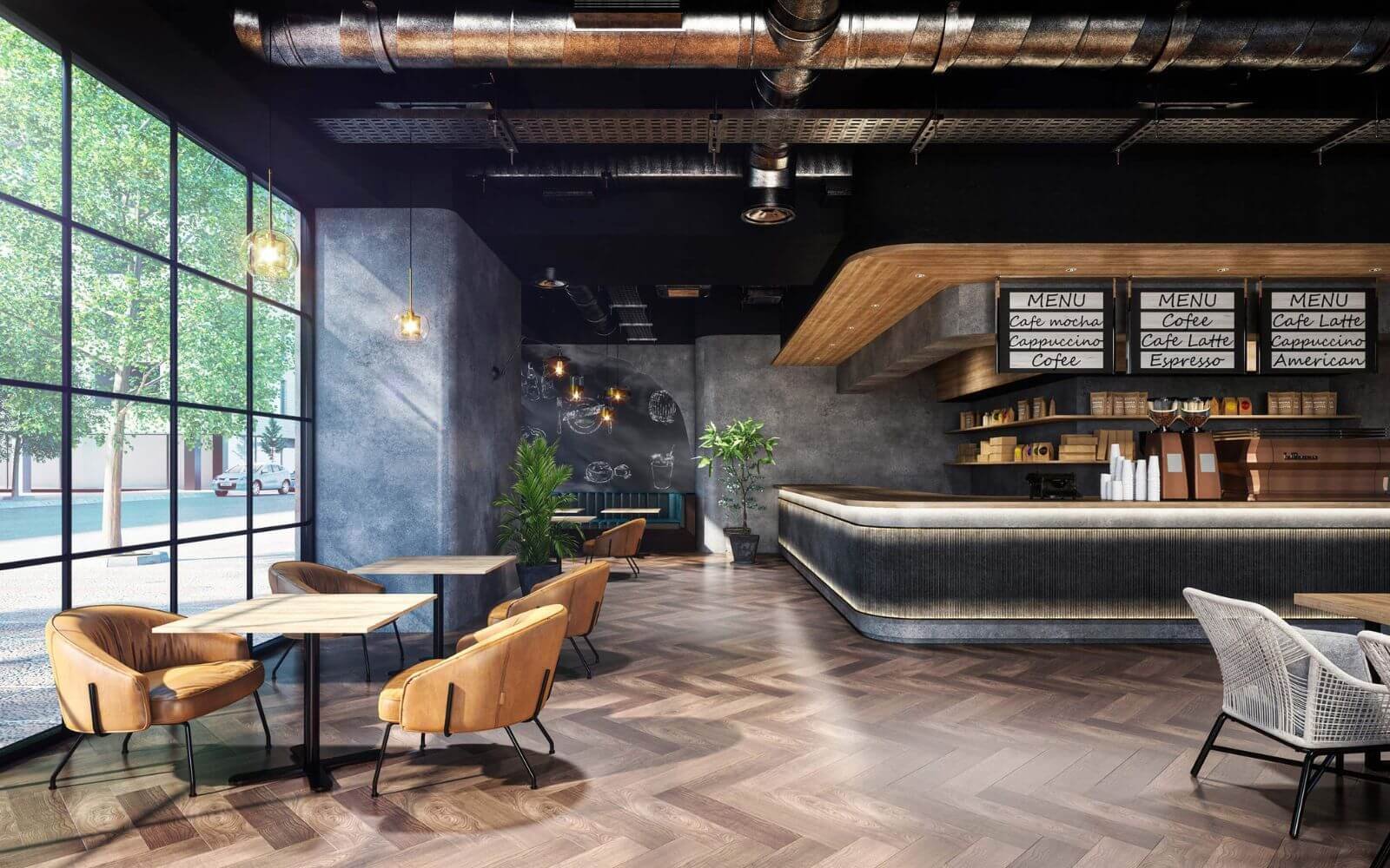 自然光が差し込むバーの透視図