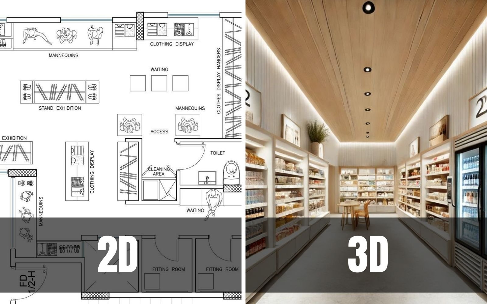2Dレンダリングと3Dスーパーマーケットビジュアライゼーションの違い 2Dレンダリングと3Dスーパーマーケットビジュアライゼーションの違い