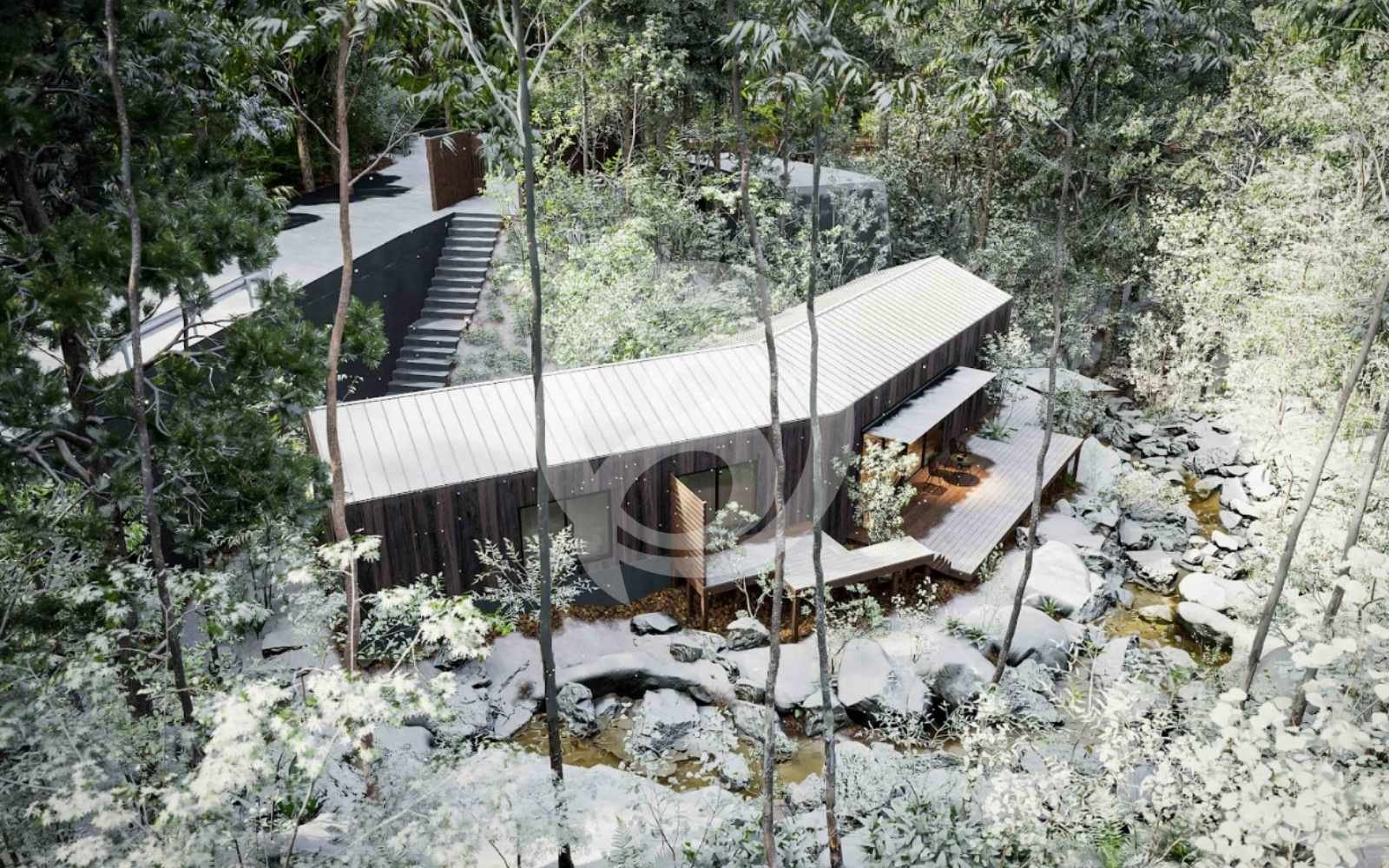 別荘の建築と風景の3DCGレンダリング。