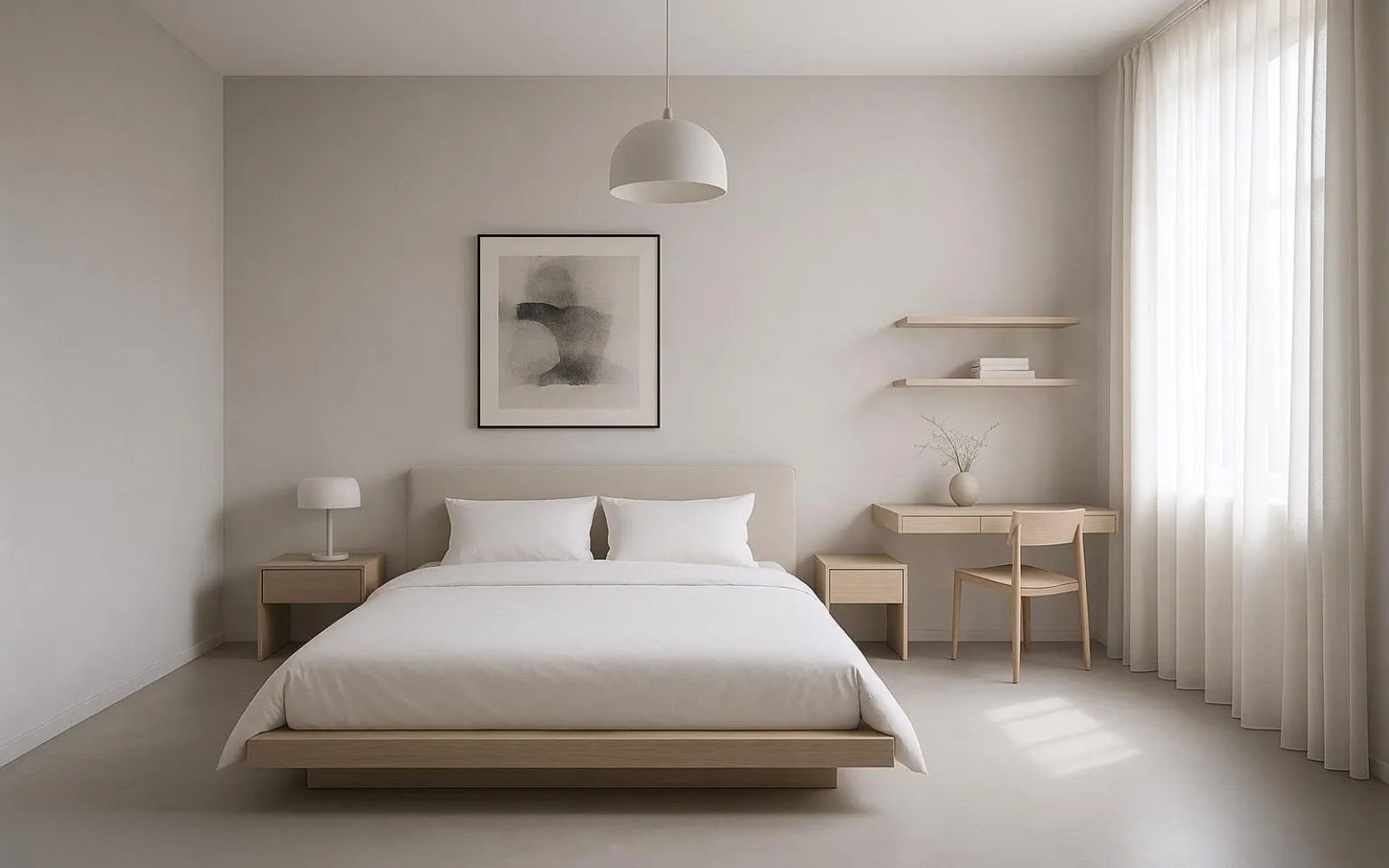 空間と照明にフォーカスしたミニマルスタイルの3D寝室デザイン