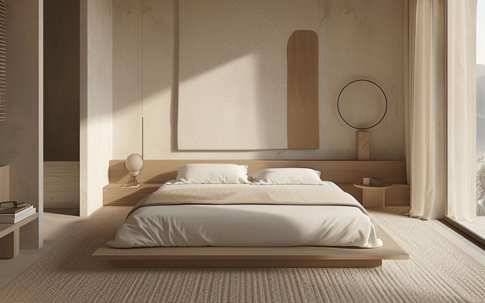 穏やかでバランスの取れた雰囲気を伝える3D寝室インテリアレンダリング