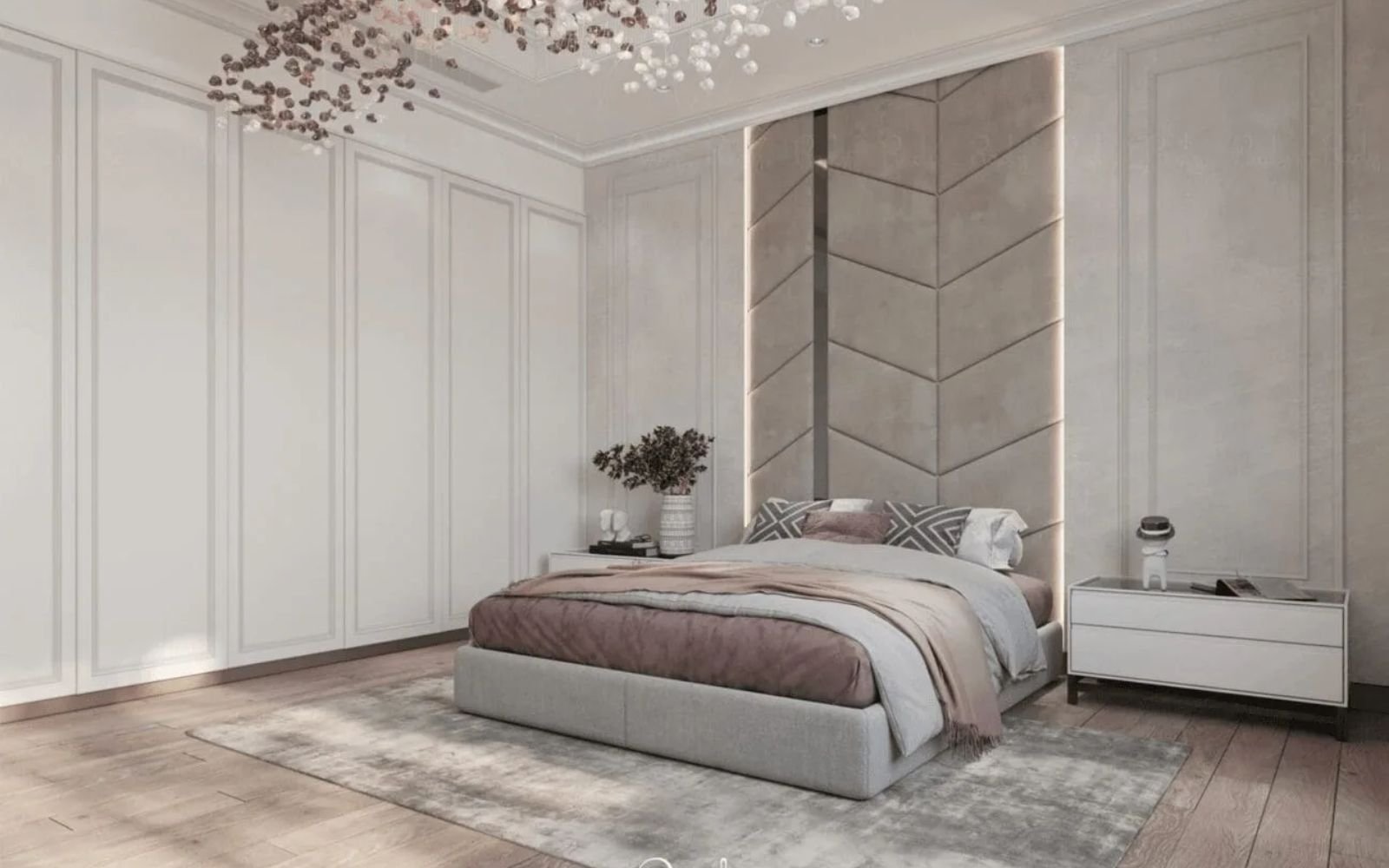 モダンなベッドルームの CG レンダリング。