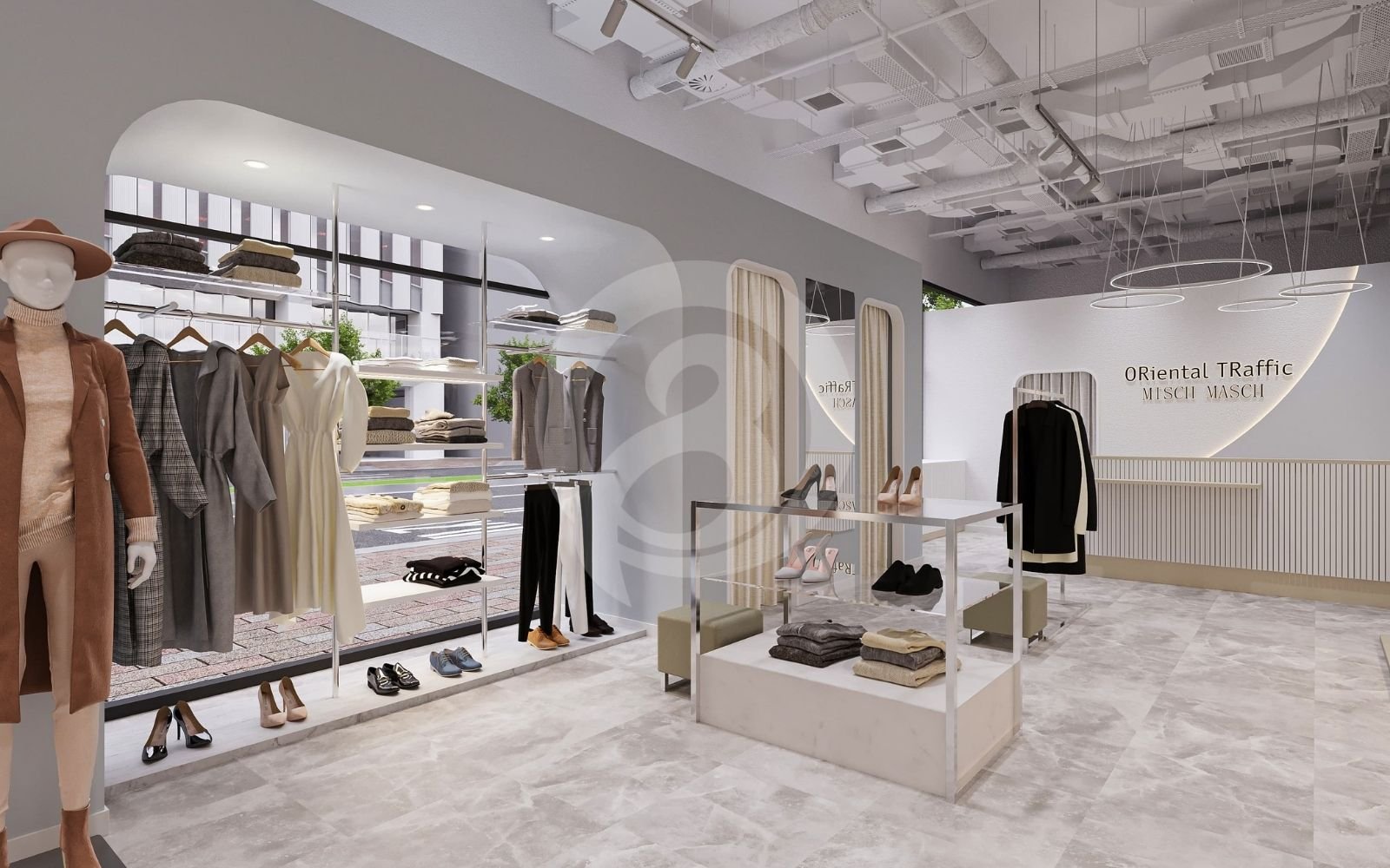 ブランドスタイルに沿った照明と素材を表現した3Dファッションショップパース