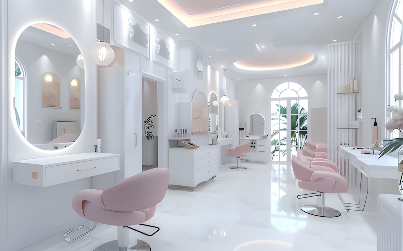 パステルピンクとホワイトの配色は、若々しくフェミニンな雰囲気を表現