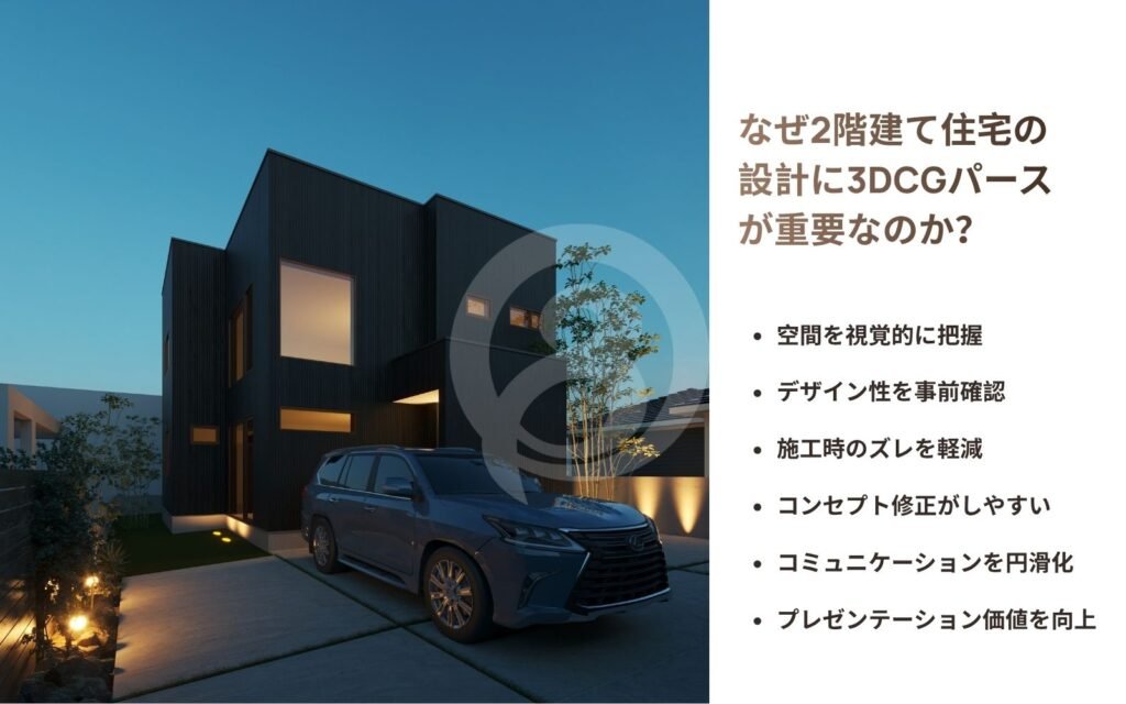 現代的な2階建て住宅の3DCGパースにより、設計イメージをより直感的に把握可能 - 2階建て住宅向け3DCGパース 