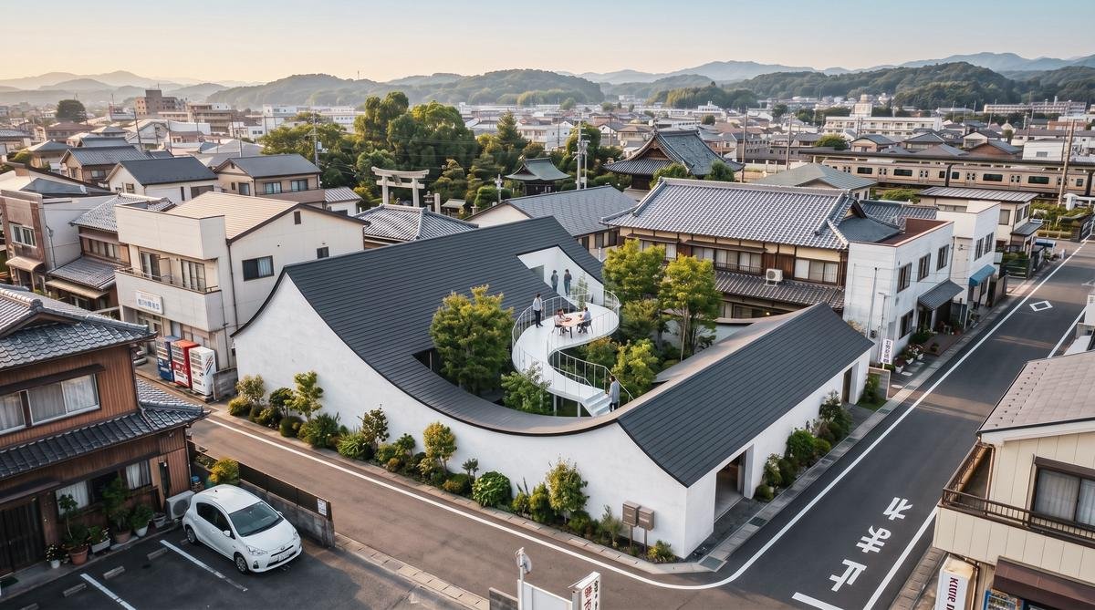 フォトリアル建築パース 鳥瞰パース — 日本の住宅と旧市街の空撮 | Basic9Studio