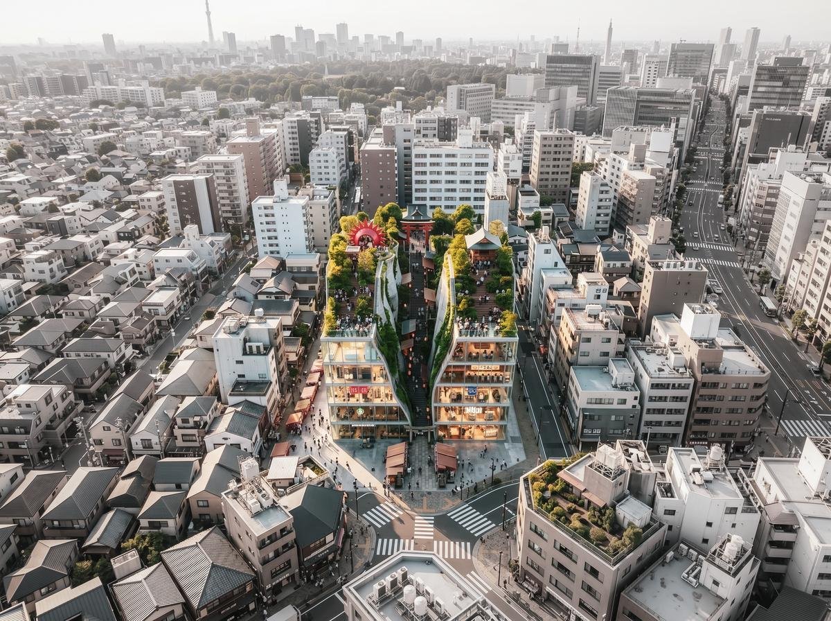 フォトリアル建築パース 俯瞰パース — 東京の神社一体型商業複合施設 | Basic9Studio