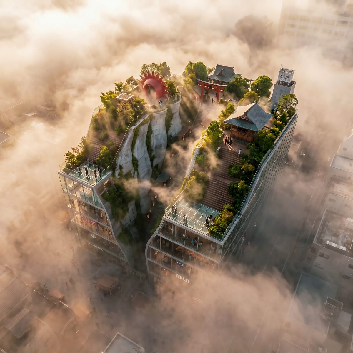 フォトリアル建築パース 鳥瞰CG — 雲霧に包まれた神社一体型商業複合施設の空撮 | Basic9Studio