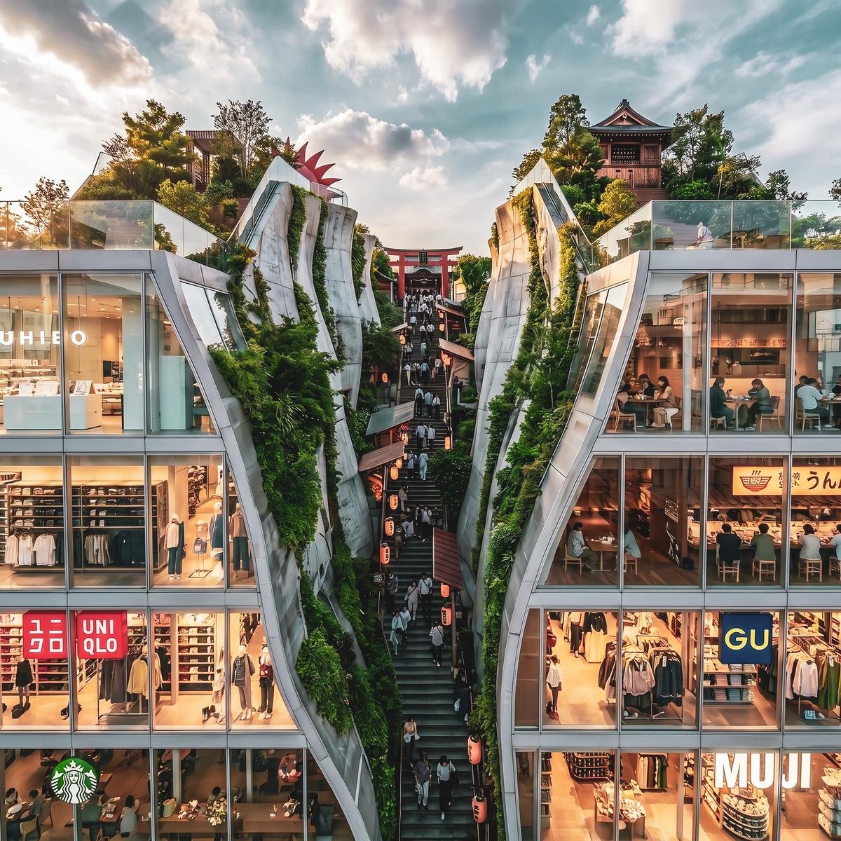 フォトリアル建築パース 外観パース — 神社参道と商業空間が融合した複合建築 UNIQLO MUJI | Basic9Studio