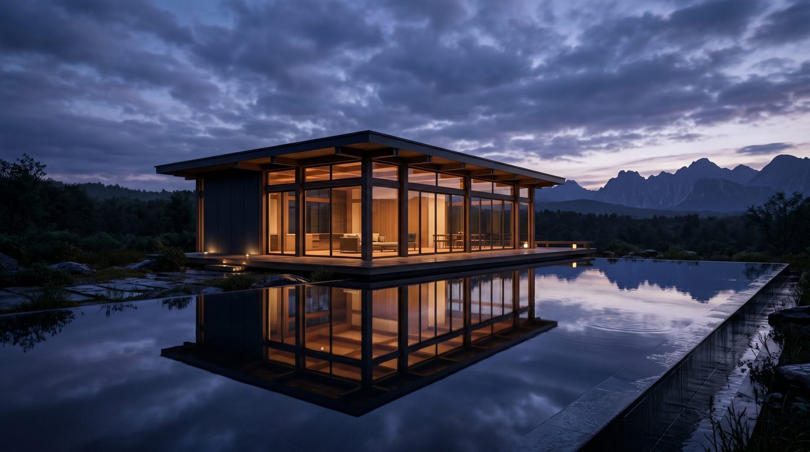 建築パース ライティング — MIRスタイルのブルーアワー。インフィニティプールに映る建物と劇的な青紫の空