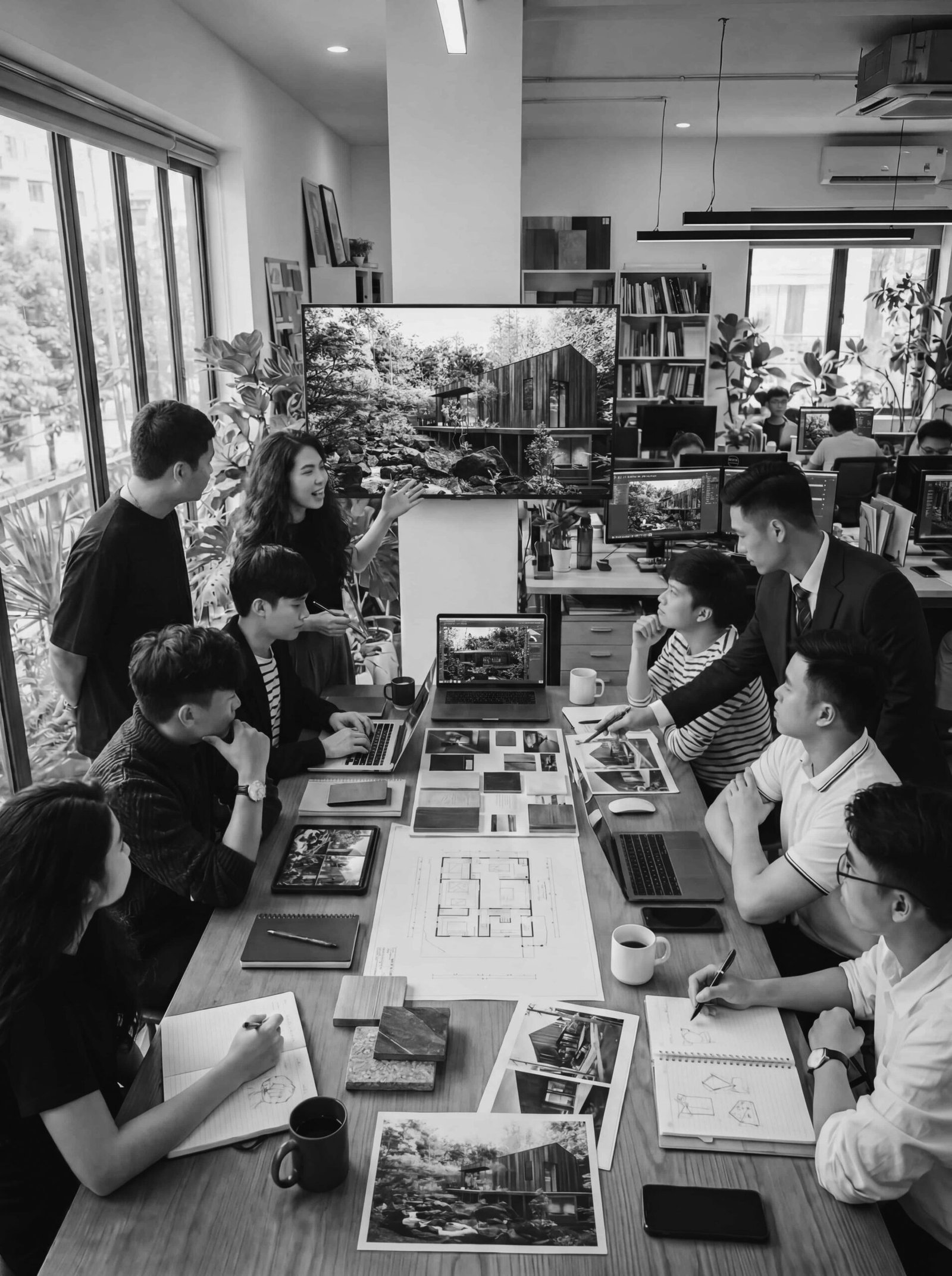 Basic9 Studio team discussing architectural visualization project