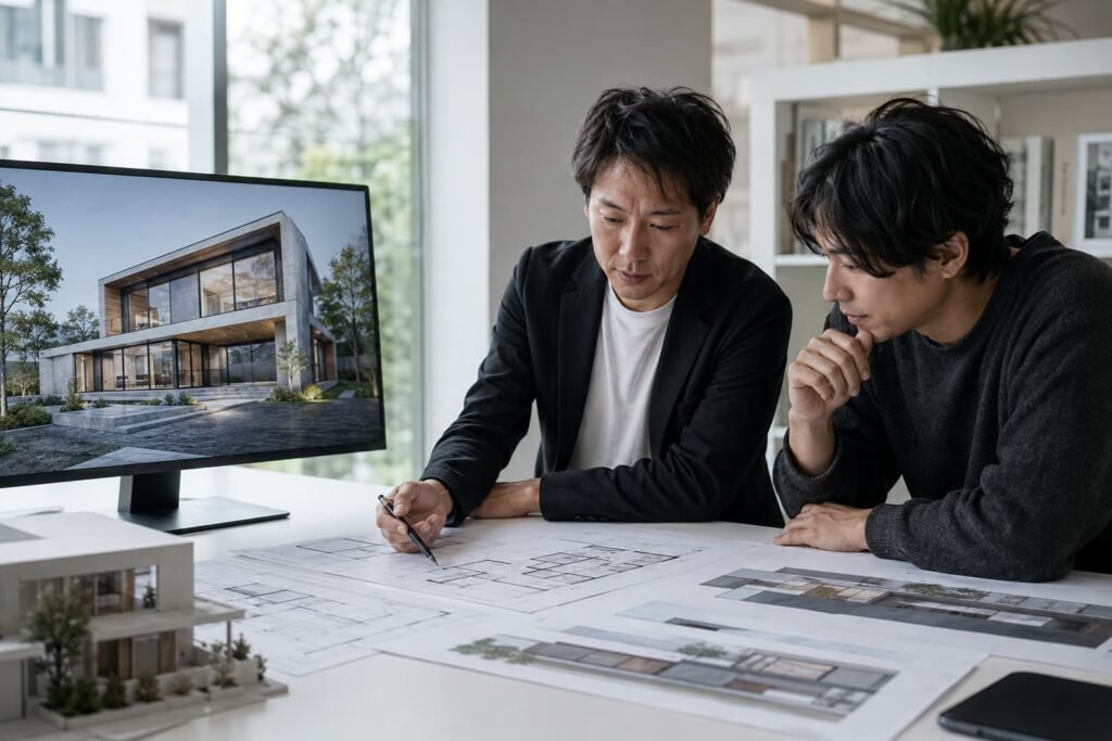 建築パース外注の打ち合わせで図面とCGを確認する様子