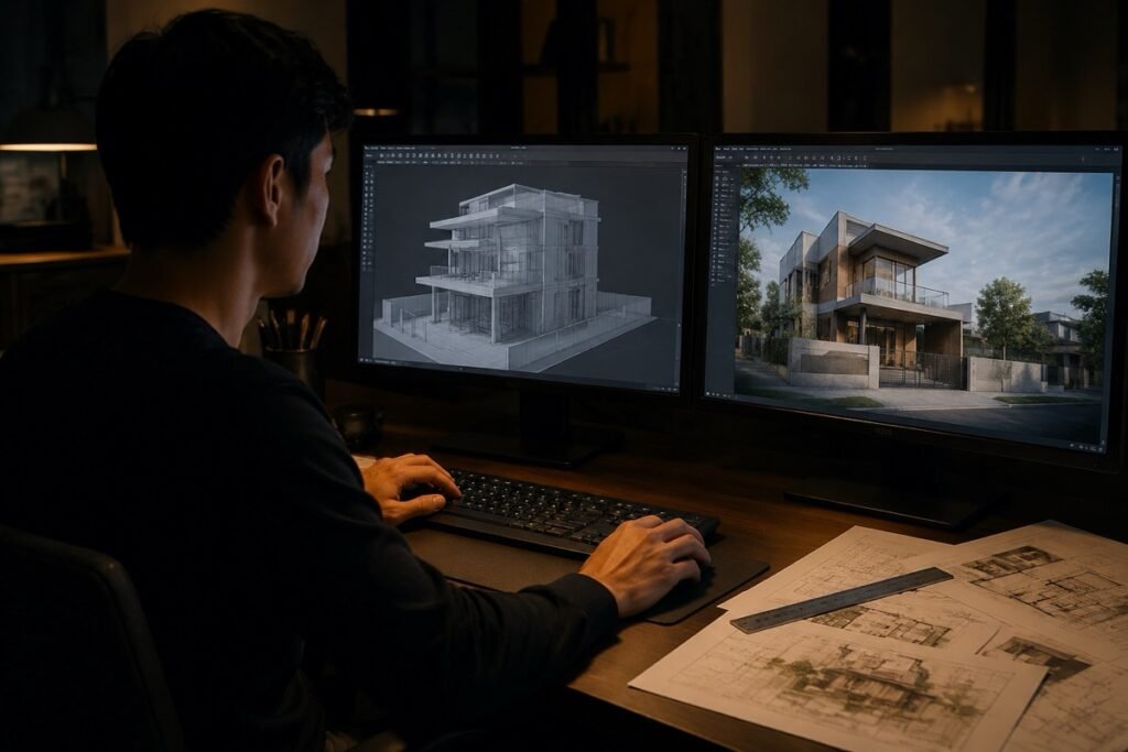 AI 建築パース制作の現場｜図面をもとに3Dモデルとレンダリング画像を確認するデザイナー