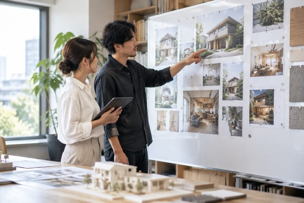 ボードに並べた参照画像を指しながら方向性をすり合わせる設計者と担当者