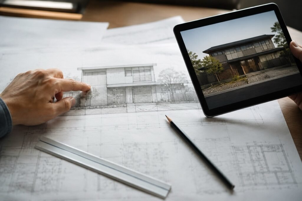 立面図とタブレットに表示した住宅パースを突き合わせて確認する作業