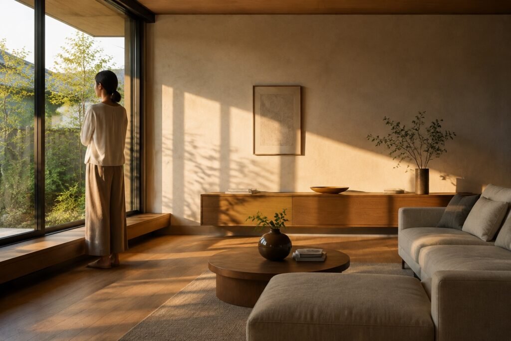 夕方の自然光が差し込むリビングのフォトリアル建築CGパース。ライティングと素材の質感が写真のように再現された内観