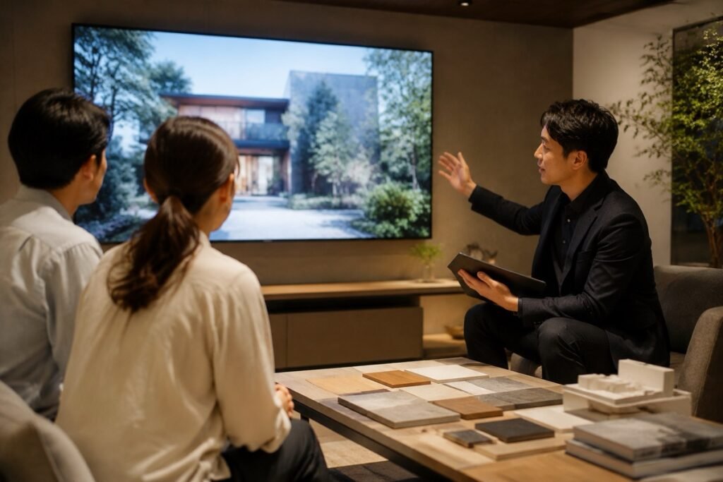 大型モニターで住宅の建築CGを映し、素材サンプルと模型を並べて提案する営業担当