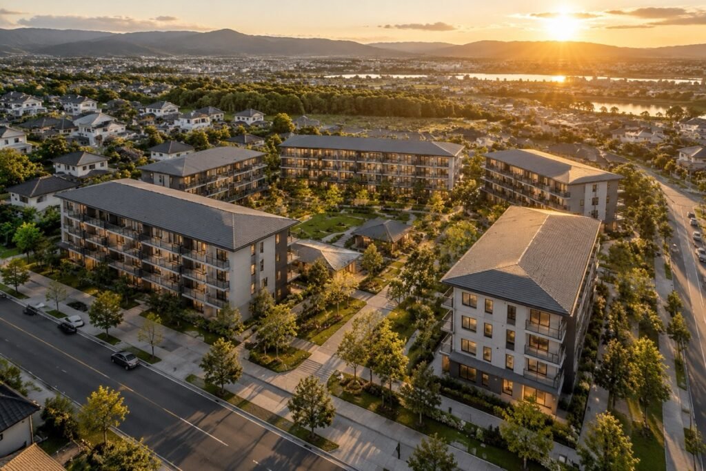 夕景の集合住宅と周辺の街並みを俯瞰した、引きのカメラワークによる建築CG
