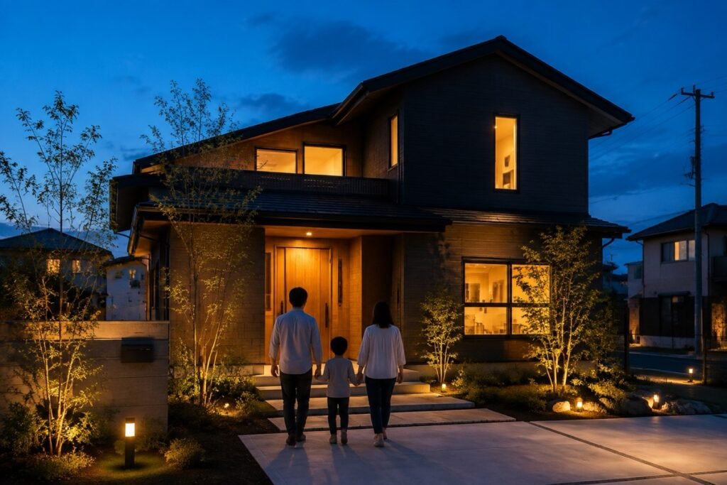戸建て住宅 建築パースの夕景例｜照明が灯る2階建て住宅へ帰る家族