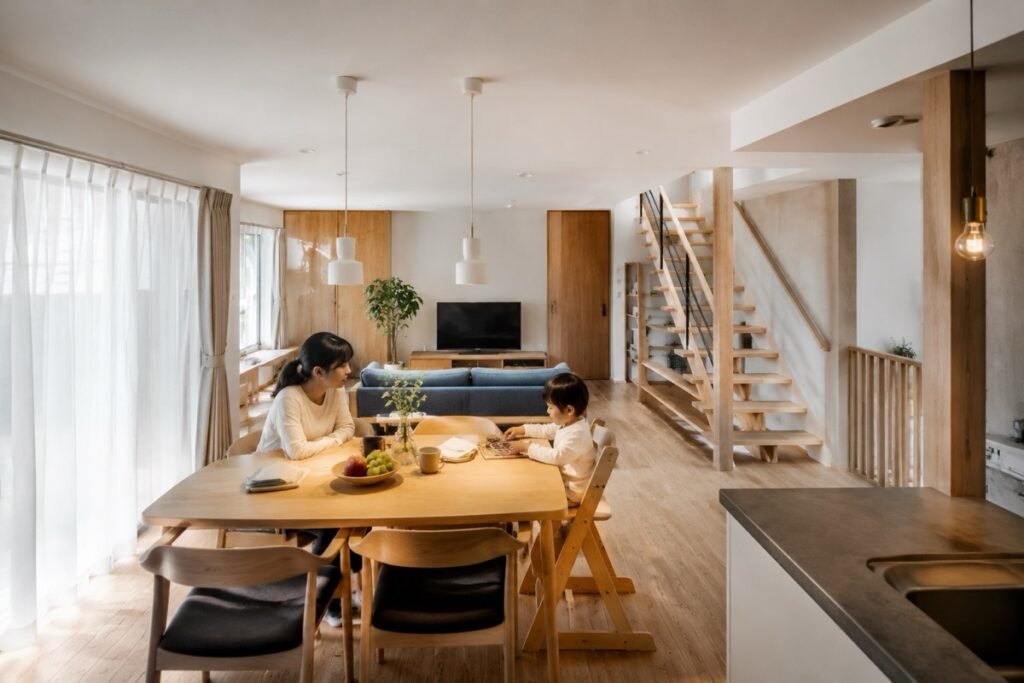オープン階段のあるLDKで家族が過ごす戸建て住宅の内観パース