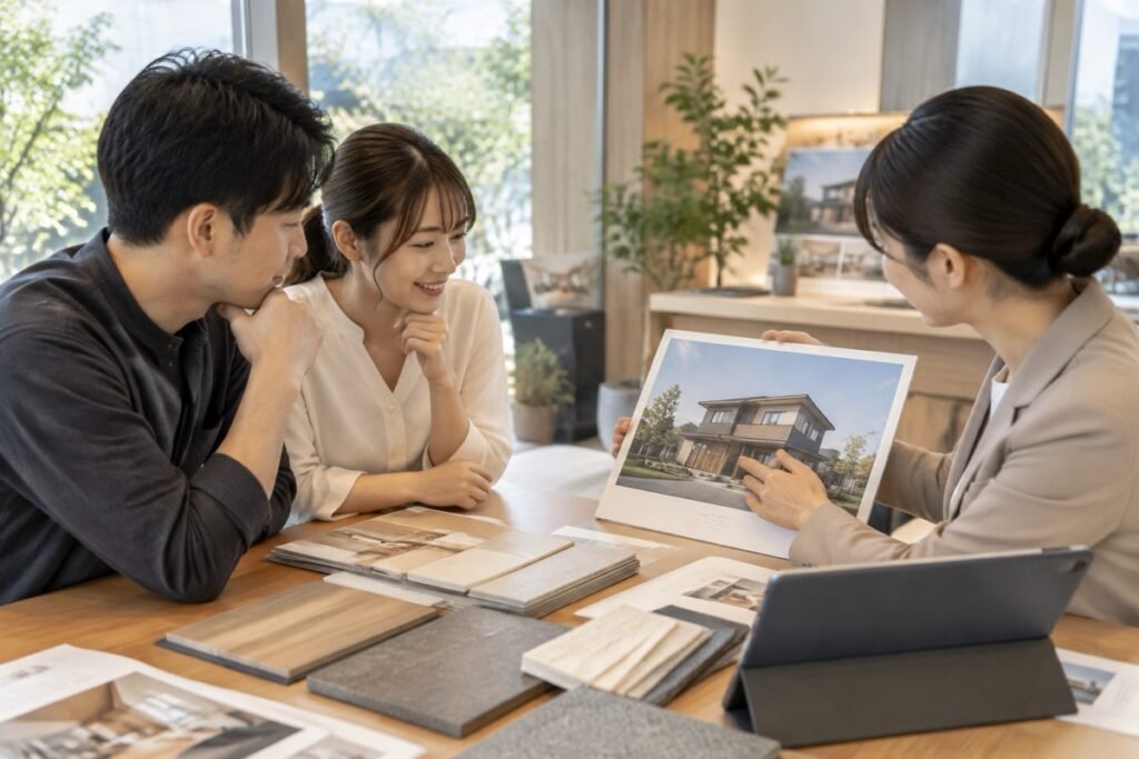 外観パースと床材サンプルを施主夫婦に見せて仕様を打ち合わせる住宅営業
