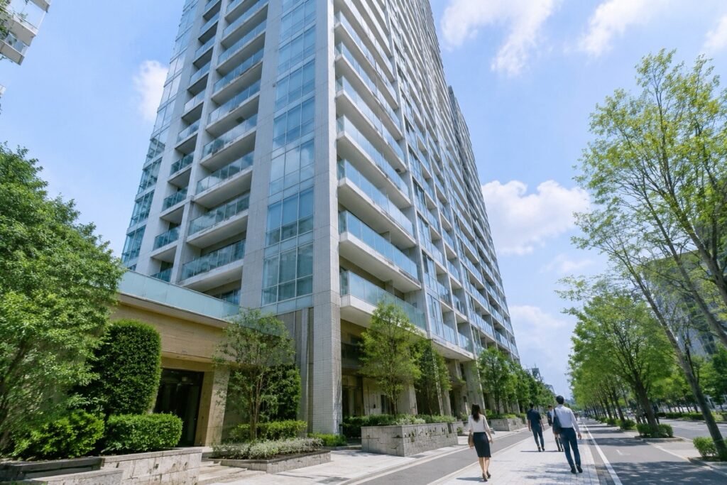 マンション 建築パースの外観例｜街路樹と歩行者の対比で高さを伝える高層マンション