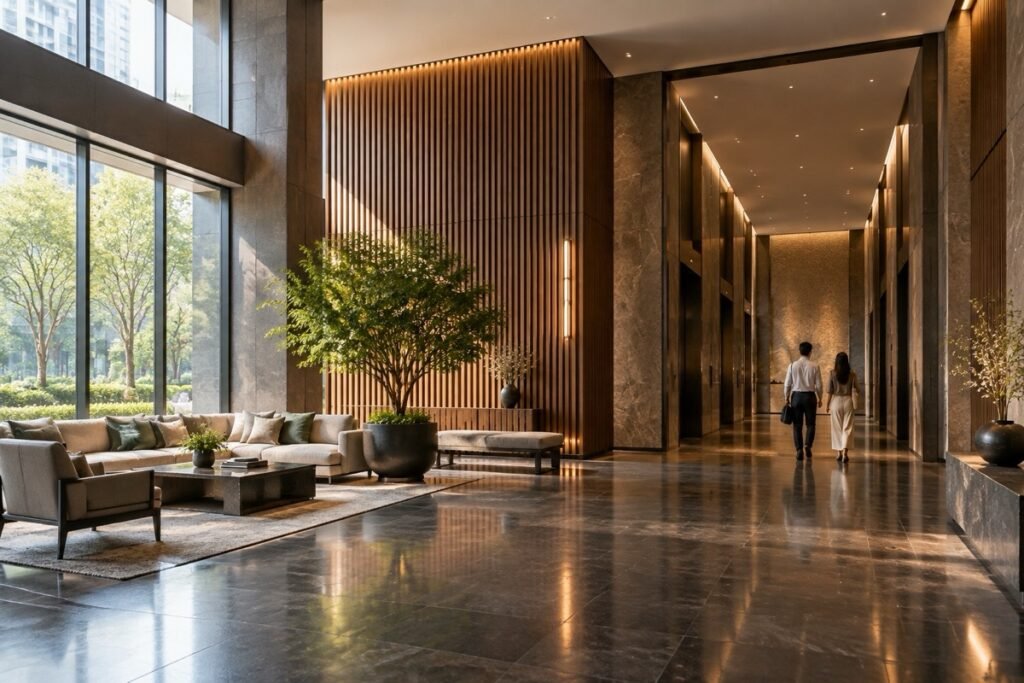 高層マンションのエントランスホールを描いた共用部の内観パース