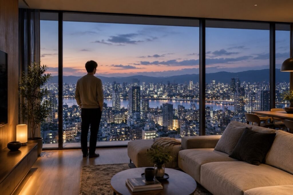 上層階の住戸から夕景の街並みを望む眺望シミュレーションのイメージ