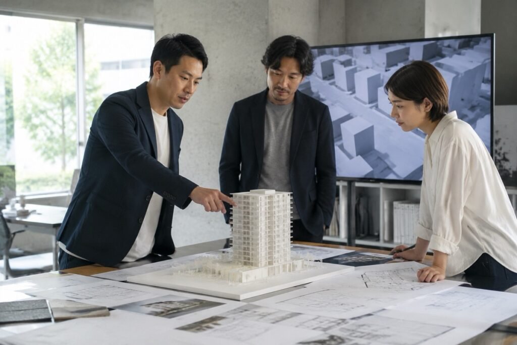 マンション模型と図面を囲んでパースの構図を打ち合わせる制作チーム