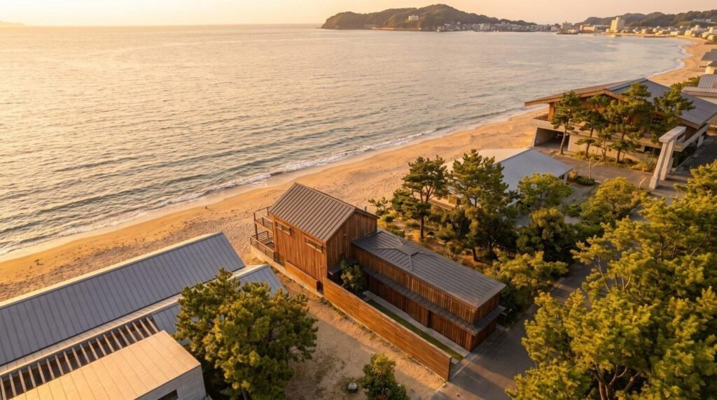夕日の差す海岸線と松林の中に建つ別荘を見下ろした鳥瞰パース