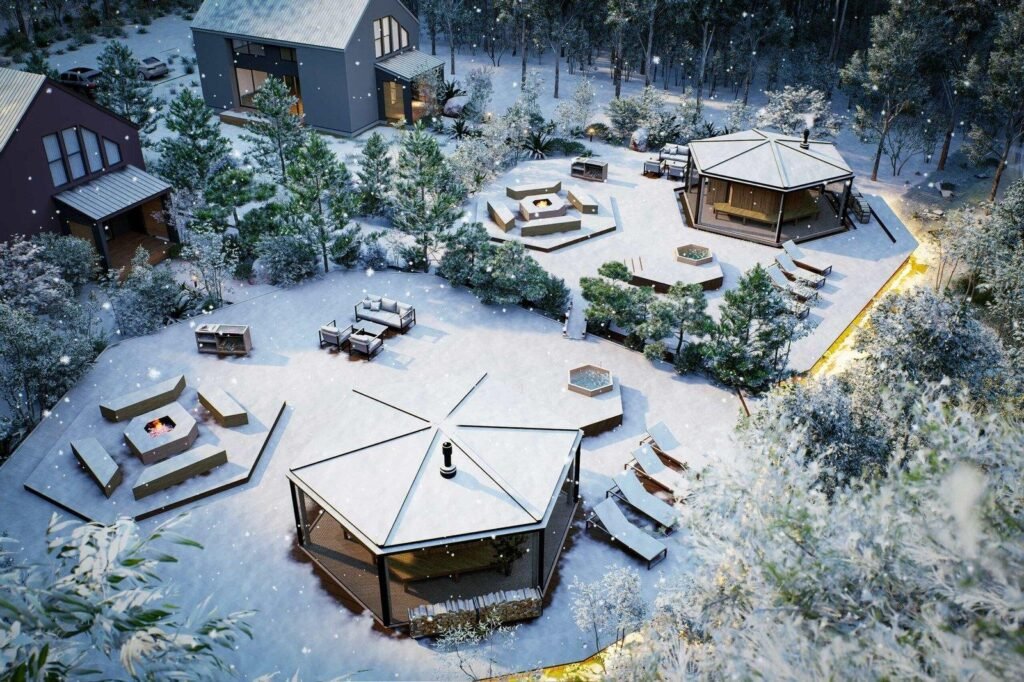 雪に覆われたヴィラの敷地全体と屋外ラウンジの配置を真上に近い角度で描いた鳥瞰パース