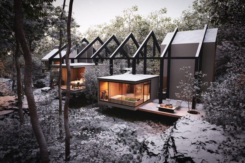 雪の森に建つ切妻屋根の別荘を、窓の明かりや樹木の細部まで描き込んだCGパース