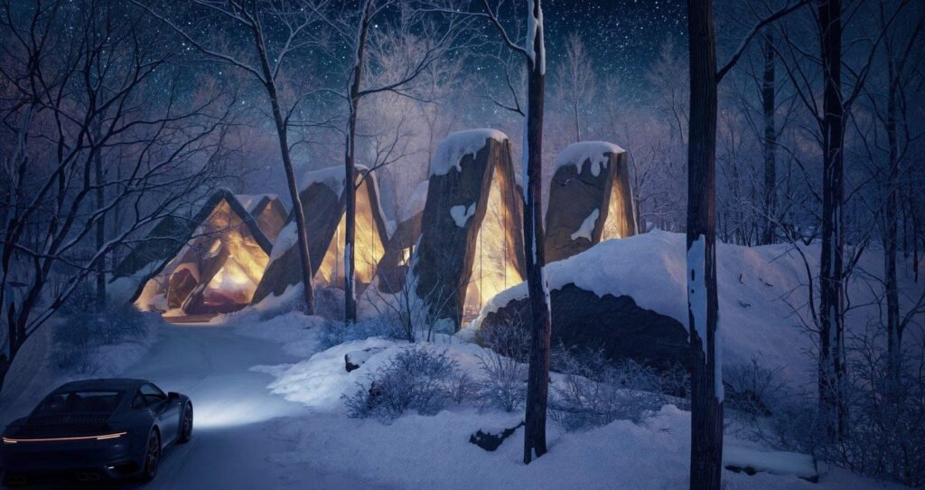 雪の森の中に建つ三角屋根の滞在棟を、窓からこぼれる温かな光とともに描いた外観パース
