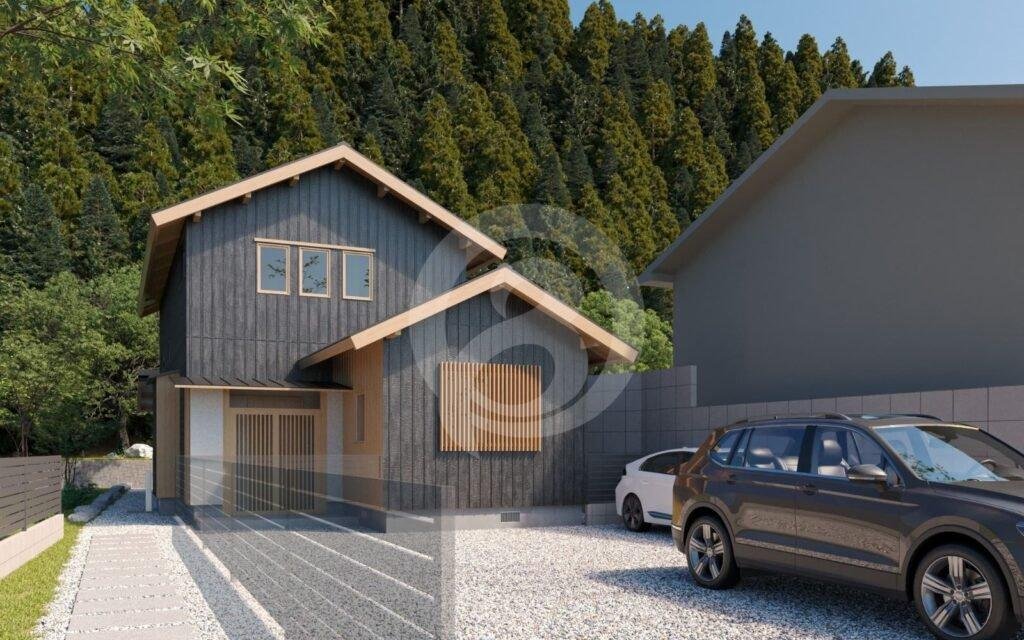 杉林を背にした切妻屋根の2階建て住宅と駐車スペースを描いた外観パース