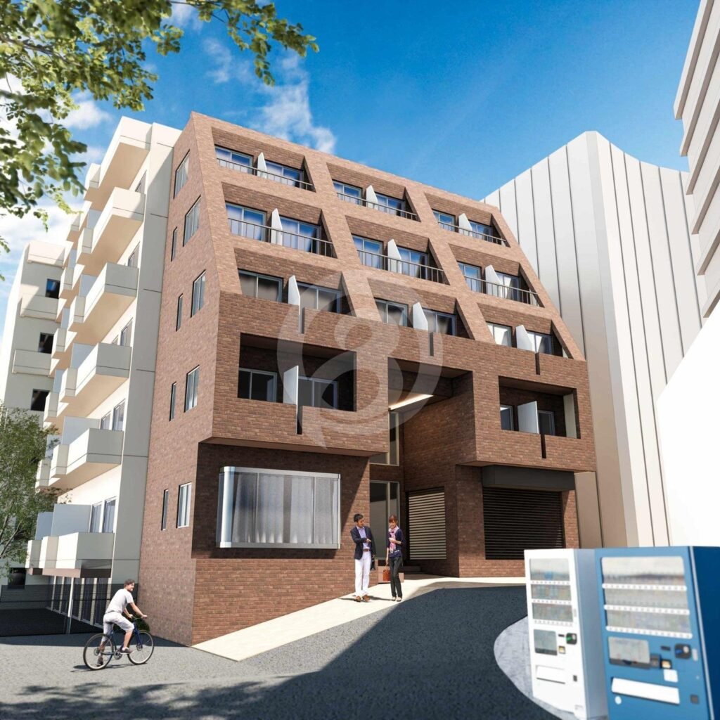 れんが調の外壁と縦に並ぶバルコニーが特徴の低層集合住宅を、通り沿いから描いた外観パース