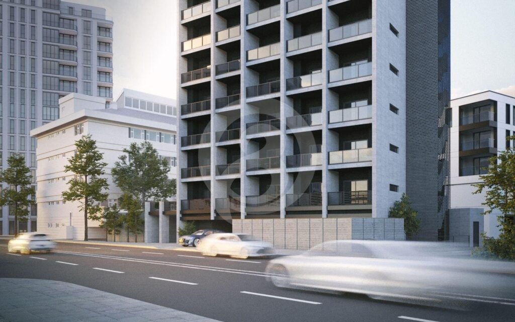 車が行き交う前面道路から見上げた中層の集合住宅の外観パース。周辺の建物との関係がわかる構図